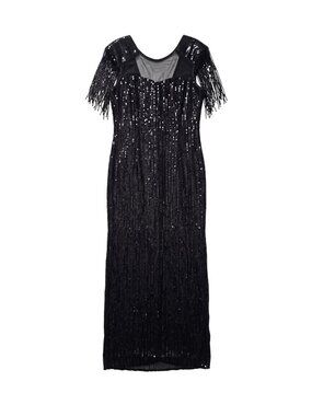 NWOT | Black Sequin Fringe Sleeveless Mesh Panel Formal Maxi Dress 2XL